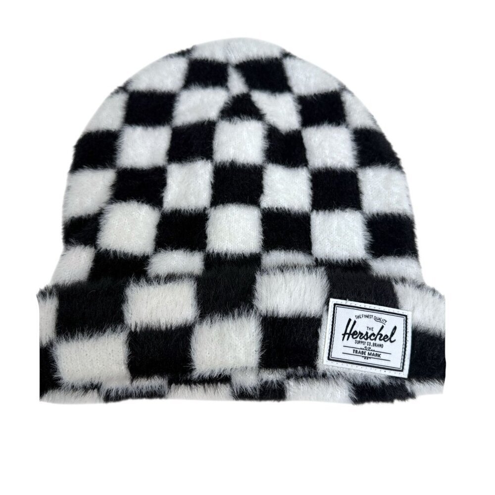 HERSCHEL Polson Faux Mohair Beanie Black White Hat Checkerboard Harlequin